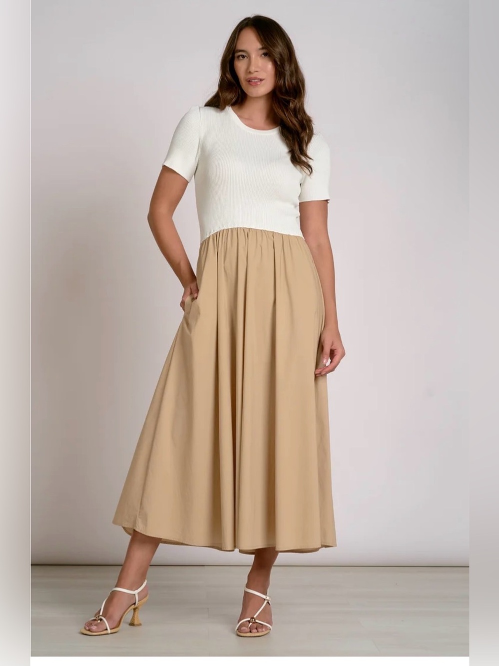 ELAN Riley Dress Women's In White/Tan Short Sleeve Knit Bodice Size XL NWT
